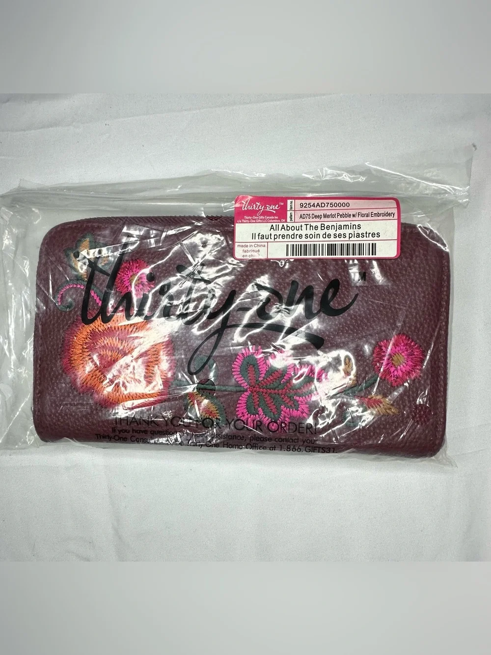 Thirty-One Deep Merlot Floral Embroidered Wallet